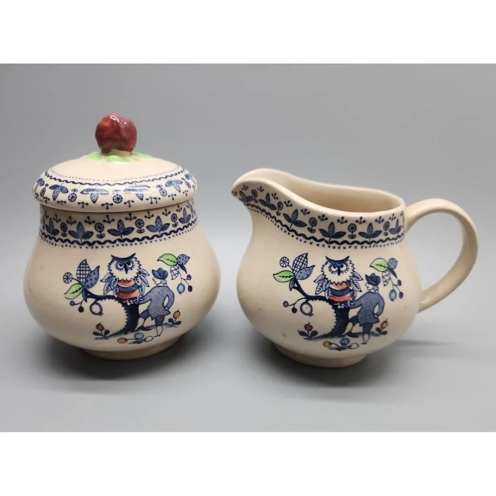 Vintage Johnson Brothers Owl and Man Cottage Core Creamer & Sugar Set England